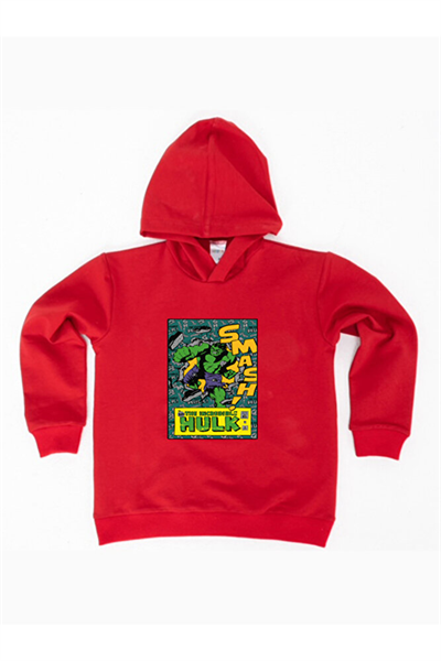 Hulk baskılı kapüşonlu pamuklu kumaş çocuk sweatshirt