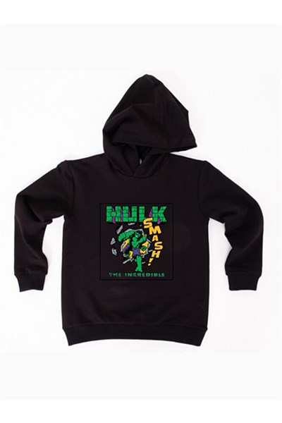 Hulk baskılı kapüşonlu pamuklu kumaş çocuk sweatshirt