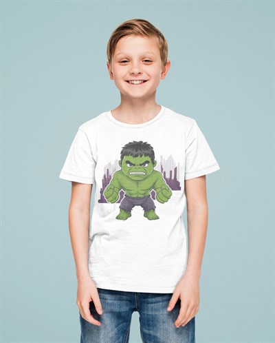 Hulk baskılı pamuklu penye kumaş yazlık çocuk tişört