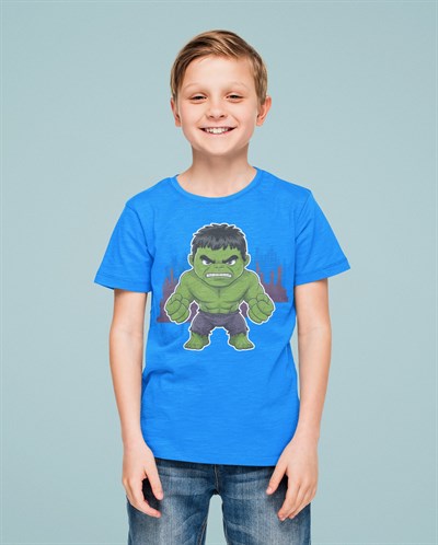 Hulk baskılı pamuklu penye kumaş yazlık çocuk tişört