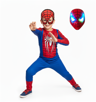 Işıklı Maskeli Beyaz Baskılı Spiderman Kostümü Yeni Örümcek Adam Kostüm