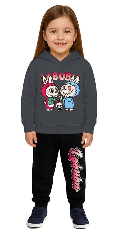 Labubu Baskılı Çocuk Eşofman Takımı 3 İplik Şardonlu Pamuklu Kumaş Kapüşonlu