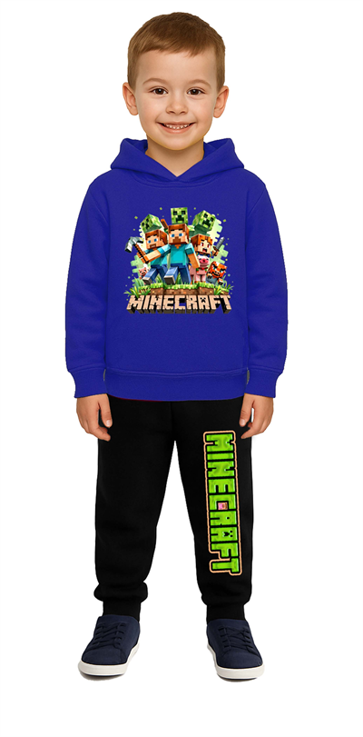 Mınecraft Baskılı Çocuk Eşofman Takımı 3 İplik Şardonlu Pamuklu Kumaş Kapüşonlu