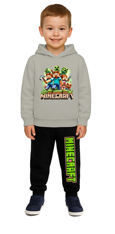 Mınecraft Baskılı Çocuk Eşofman Takımı 3 İplik Şardonlu Pamuklu Kumaş Kapüşonlu