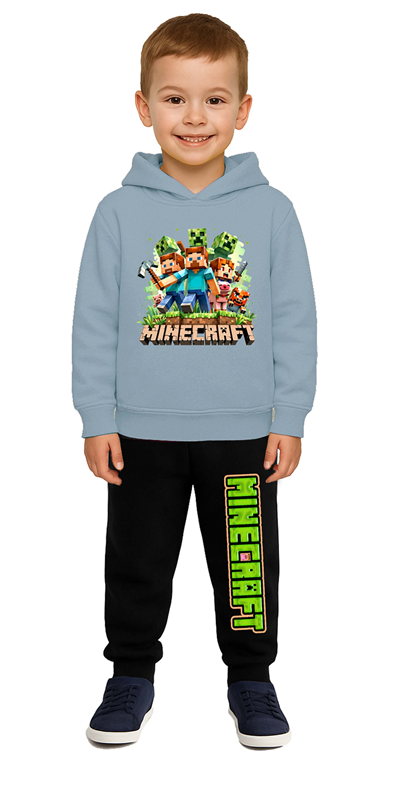 Mınecraft Baskılı Çocuk Eşofman Takımı 3 İplik Şardonlu Pamuklu Kumaş Kapüşonlu