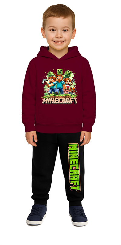 Mınecraft Baskılı Çocuk Eşofman Takımı 3 İplik Şardonlu Pamuklu Kumaş Kapüşonlu