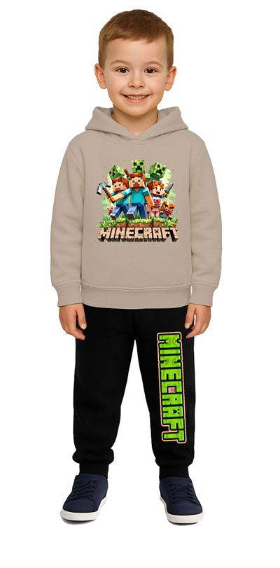 Mınecraft Baskılı Çocuk Eşofman Takımı 3 İplik Şardonlu Pamuklu Kumaş Kapüşonlu