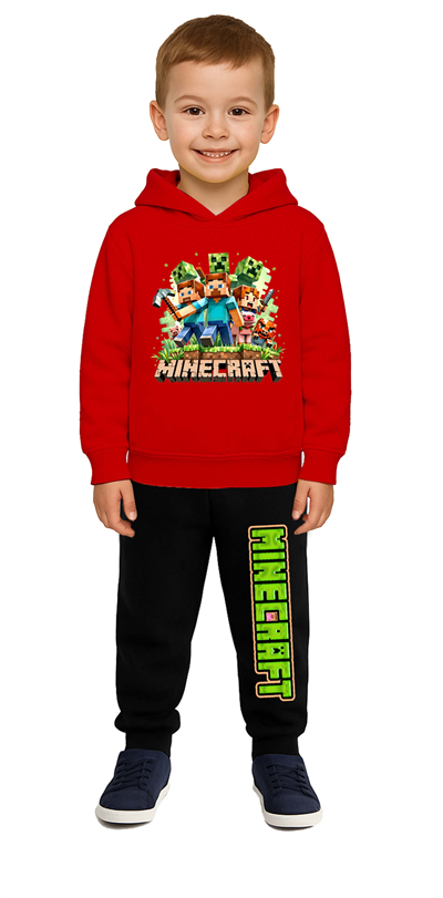 Mınecraft Baskılı Çocuk Eşofman Takımı 3 İplik Şardonlu Pamuklu Kumaş Kapüşonlu