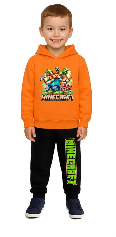 Mınecraft Baskılı Çocuk Eşofman Takımı 3 İplik Şardonlu Pamuklu Kumaş Kapüşonlu