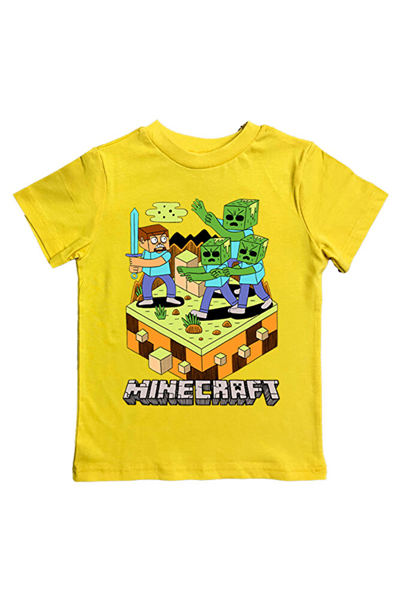 Minecraft baskılı pamuklu penye kumaş yazlık çocuk tişört