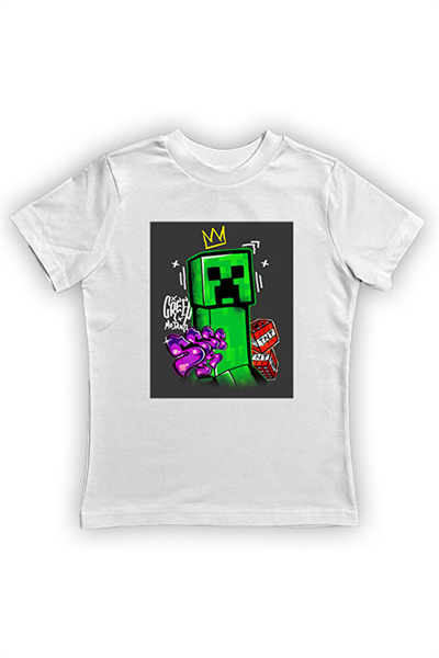 Minecraft baskılı pamuklu penye kumaş yazlık çocuk tişört