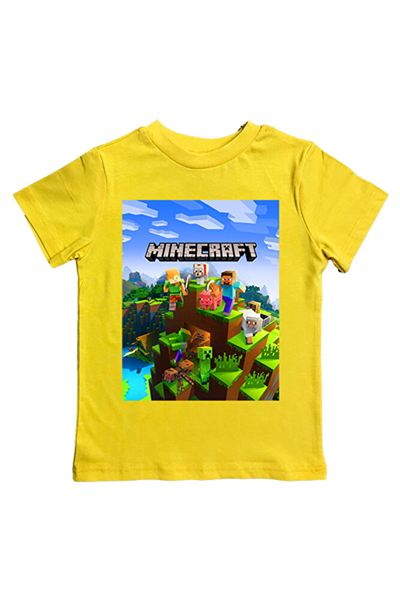 Minecraft baskılı pamuklu penye kumaş yazlık çocuk tişört