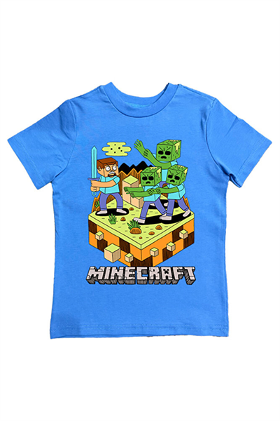 Minecraft baskılı pamuklu penye kumaş yazlık çocuk tişört