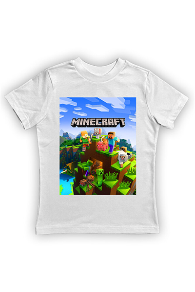 Minecraft baskılı pamuklu penye kumaş yazlık çocuk tişört