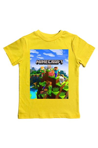 Minecraft baskılı pamuklu penye kumaş yazlık çocuk tişört