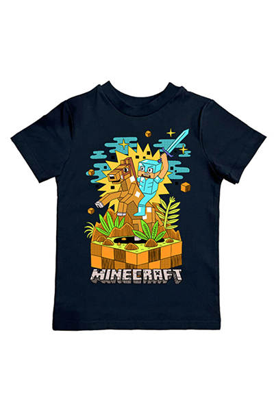 Minecraft baskılı pamuklu penye kumaş yazlık çocuk tişört