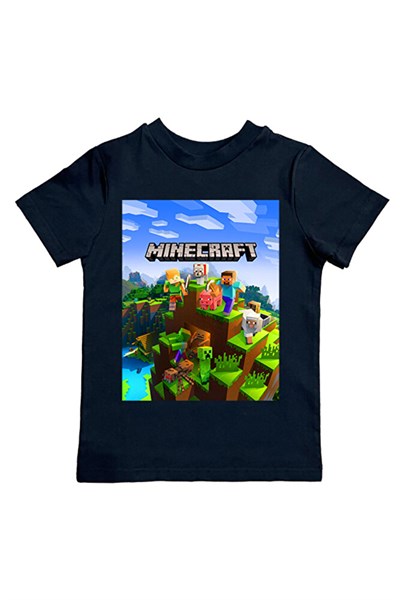 Minecraft baskılı pamuklu penye kumaş yazlık çocuk tişört