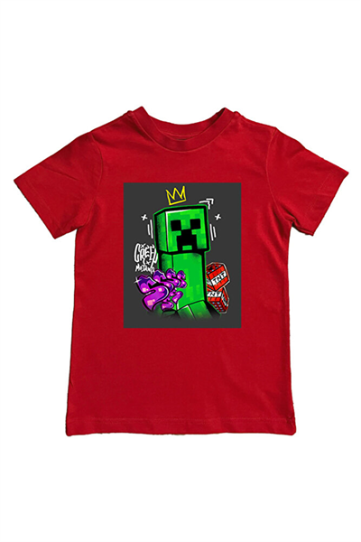 Minecraft baskılı pamuklu penye kumaş yazlık çocuk tişört