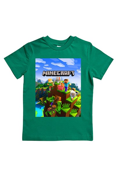 Minecraft baskılı pamuklu penye kumaş yazlık çocuk tişört