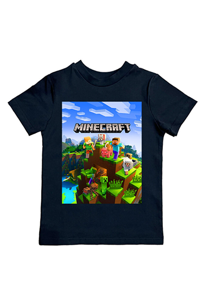 Minecraft baskılı pamuklu penye kumaş yazlık çocuk tişört