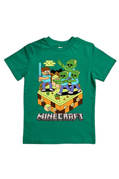 Minecraft baskılı pamuklu penye kumaş yazlık çocuk tişört