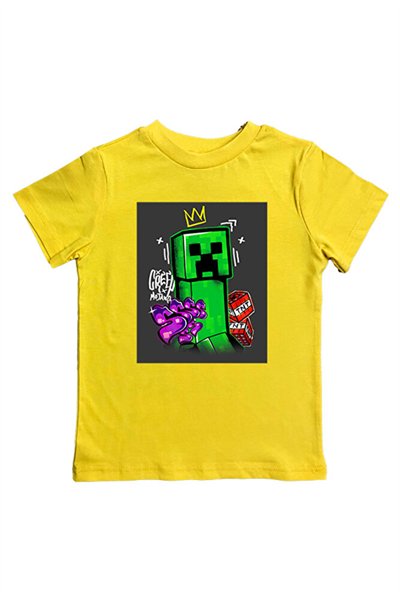Minecraft baskılı pamuklu penye kumaş yazlık çocuk tişört