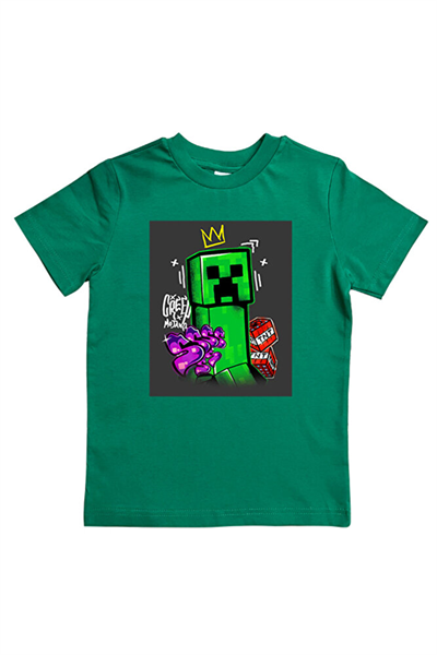 Minecraft baskılı pamuklu penye kumaş yazlık çocuk tişört