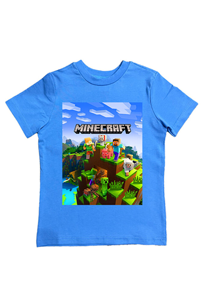 Minecraft baskılı pamuklu penye kumaş yazlık çocuk tişört