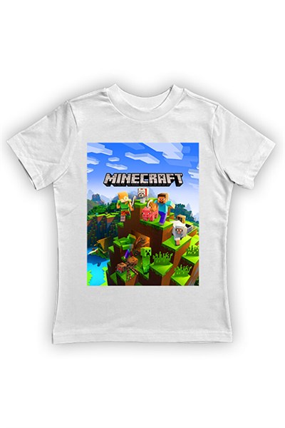 Minecraft baskılı pamuklu penye kumaş yazlık çocuk tişört