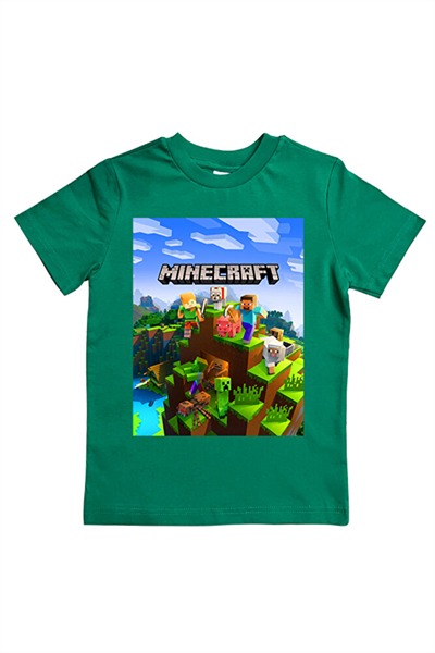 Minecraft baskılı pamuklu penye kumaş yazlık çocuk tişört
