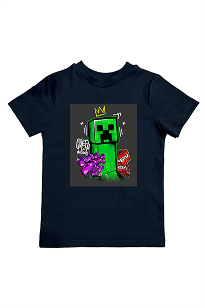 Minecraft baskılı pamuklu penye kumaş yazlık çocuk tişört