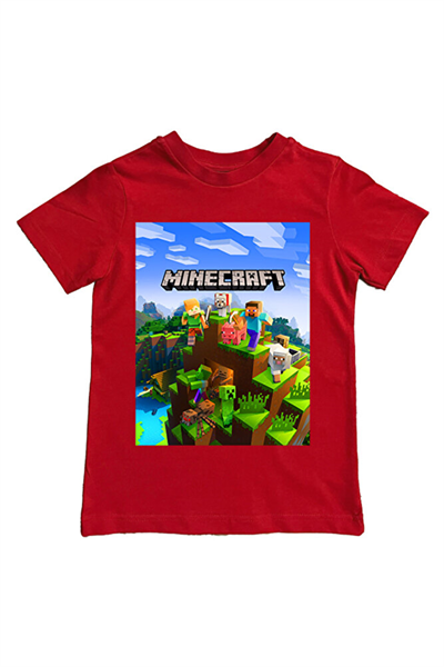 Minecraft baskılı pamuklu penye kumaş yazlık çocuk tişört