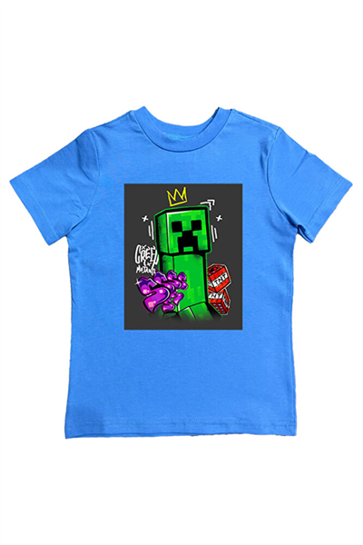 Minecraft baskılı pamuklu penye kumaş yazlık çocuk tişört