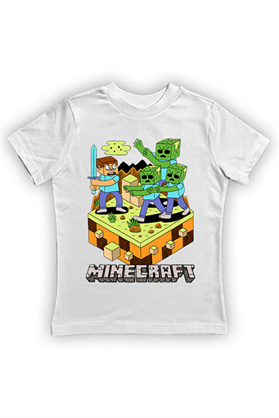 Minecraft baskılı pamuklu penye kumaş yazlık çocuk tişört