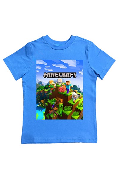 Minecraft baskılı pamuklu penye kumaş yazlık çocuk tişört