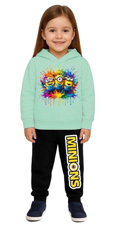 Mınıons Baskılı Çocuk Eşofman Takımı 3 İplik Şardonlu Pamuklu Kumaş Kapüşonlu