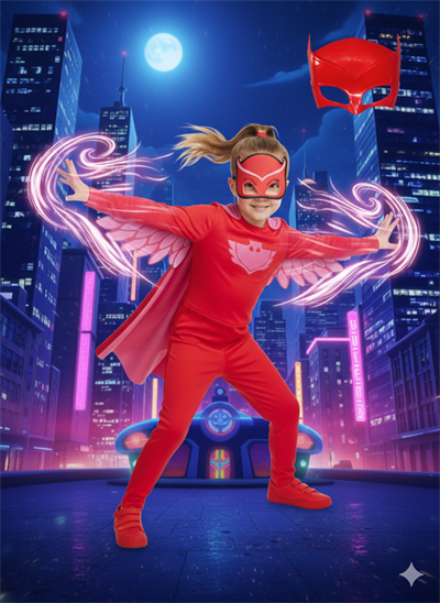 Owlette Kırmızı Baykuş Kız 2 Maskeli Pelerinli Kostüm
