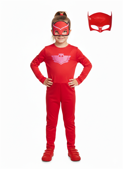 Owlette Kırmızı Baykuş Kız 2 Maskeli Pelerinli Kostüm