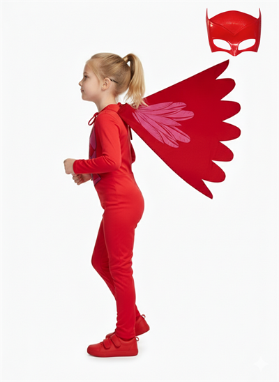 Owlette Kırmızı Baykuş Kız 2 Maskeli Pelerinli Kostüm