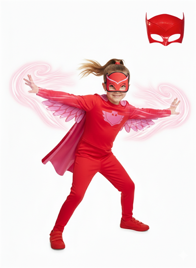 Owlette Kırmızı Baykuş Kız 2 Maskeli Pelerinli Kostüm