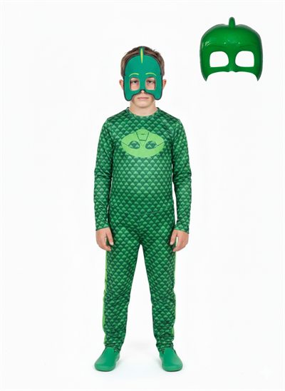 Pijamaskeliler Kertenkele Çocuk Kostüm - Tulum + 2 Adet Maske Set -gekko Owlette Catboy