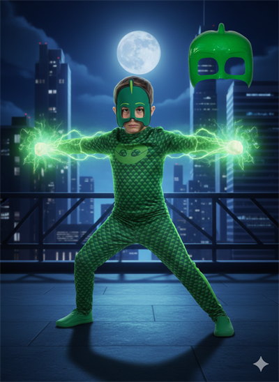 Pijamaskeliler Kertenkele Çocuk Kostüm - Tulum + 2 Adet Maske Set -gekko Owlette Catboy