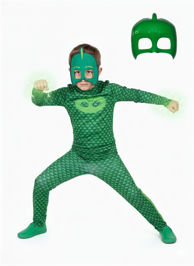 Pijamaskeliler Kertenkele Çocuk Kostüm - Tulum + 2 Adet Maske Set -gekko Owlette Catboy