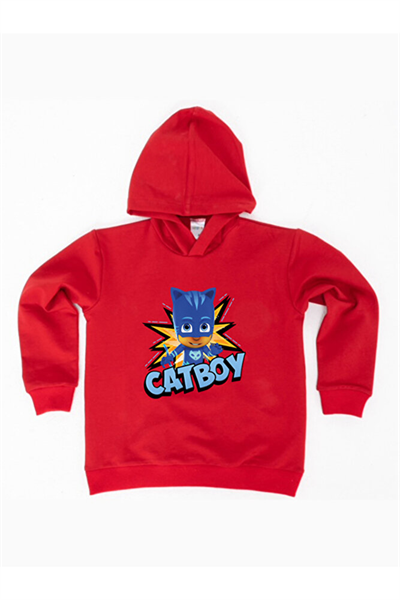 Pj maskeliler Catboy baskılı kapüşonlu pamuklu kumaş çocuk sweatshirt