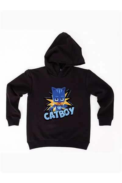 Pj maskeliler Catboy baskılı kapüşonlu pamuklu kumaş çocuk sweatshirt
