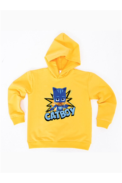 Pj maskeliler Catboy baskılı kapüşonlu pamuklu kumaş çocuk sweatshirt