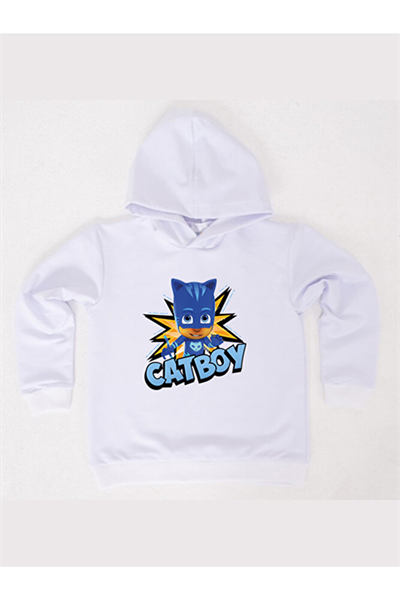 Pj maskeliler Catboy baskılı kapüşonlu pamuklu kumaş çocuk sweatshirt