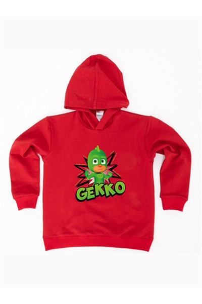 Pj maskeliler Gekko baskılı kapüşonlu pamuklu kumaş çocuk sweatshirt
