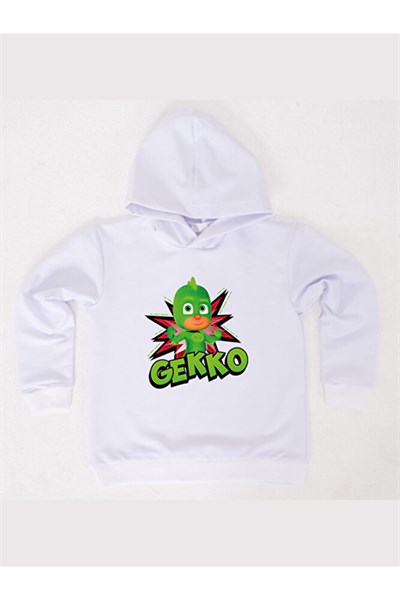 Pj maskeliler Gekko baskılı kapüşonlu pamuklu kumaş çocuk sweatshirt