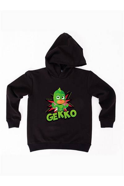 Pj maskeliler Gekko baskılı kapüşonlu pamuklu kumaş çocuk sweatshirt